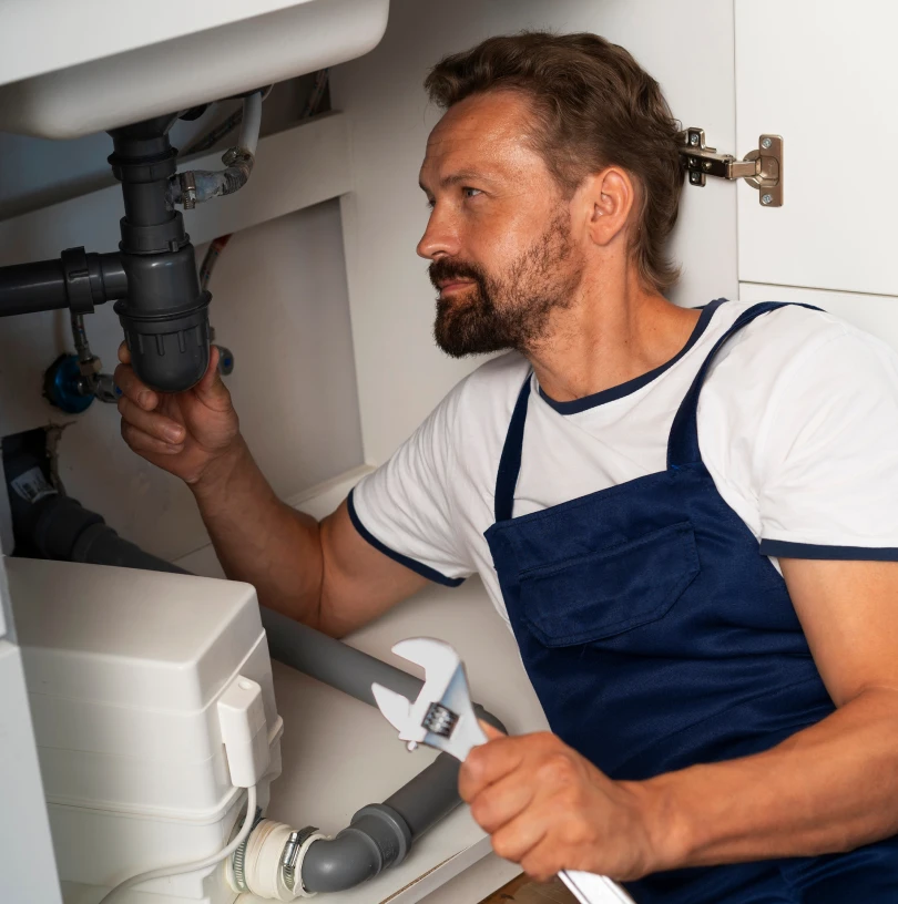Plumber in blue overalls working under a sink, adjusting plumbing pipes with a wrench.