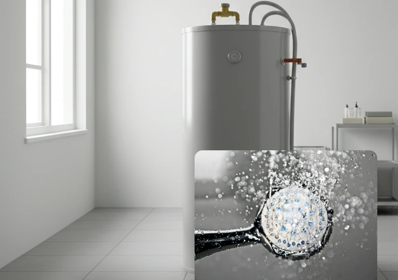 Water heater with plumbing in a room, and an inset of a shower head spraying water, illustrating home plumbing.