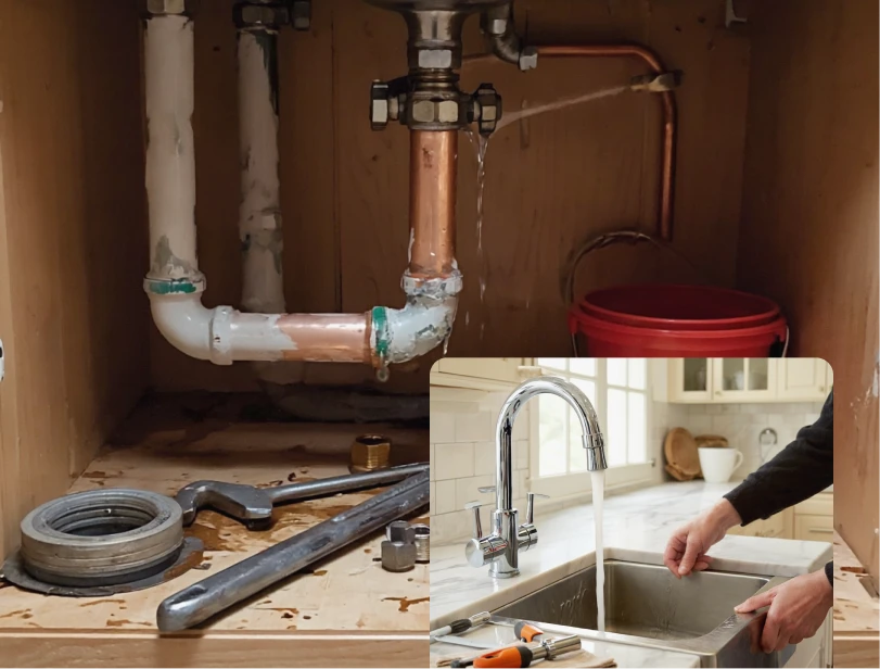 Plumbing leak under a sink with tools and a red bucket, contrasted with a modern kitchen faucet and sink, illustrating plumbing issues and solutions.