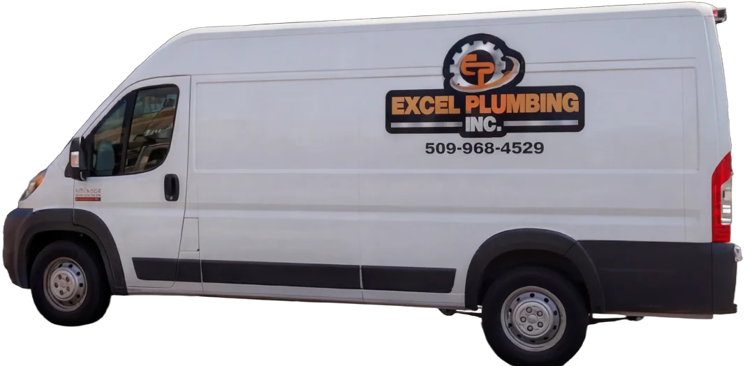 The white Excel Plumbing van with the company logo and phone number on the side